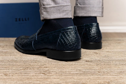 11 - 201 - Nvy Roma Crocodile Penny Loafer, Navy Shop by Zelli Italia – Don't Panic Shoes
