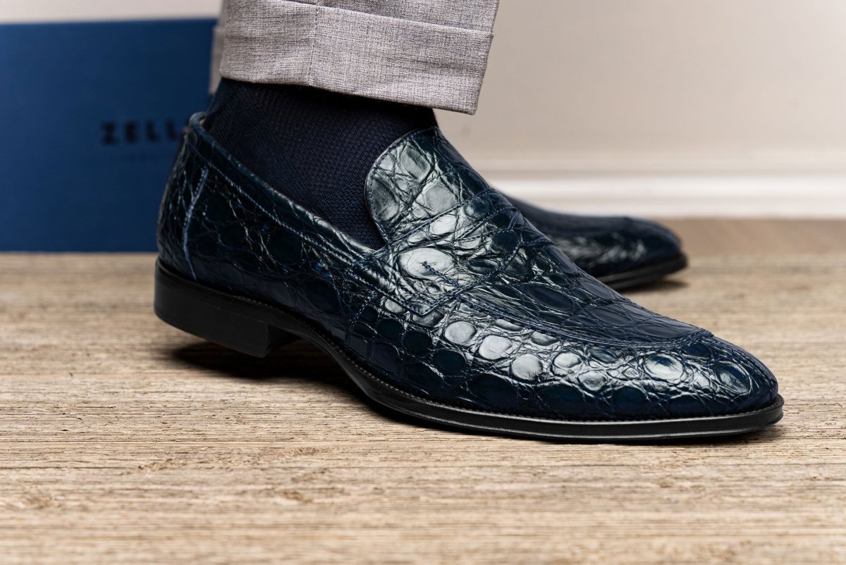 11 - 201 - Nvy Roma Crocodile Penny Loafer, Navy Shop by Zelli Italia – Don't Panic Shoes