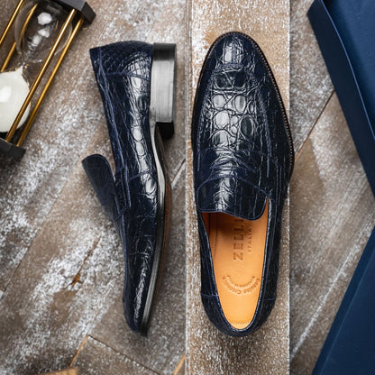 11 - 201 - Nvy Roma Crocodile Penny Loafer, Navy Shop by Zelli Italia – Don't Panic Shoes