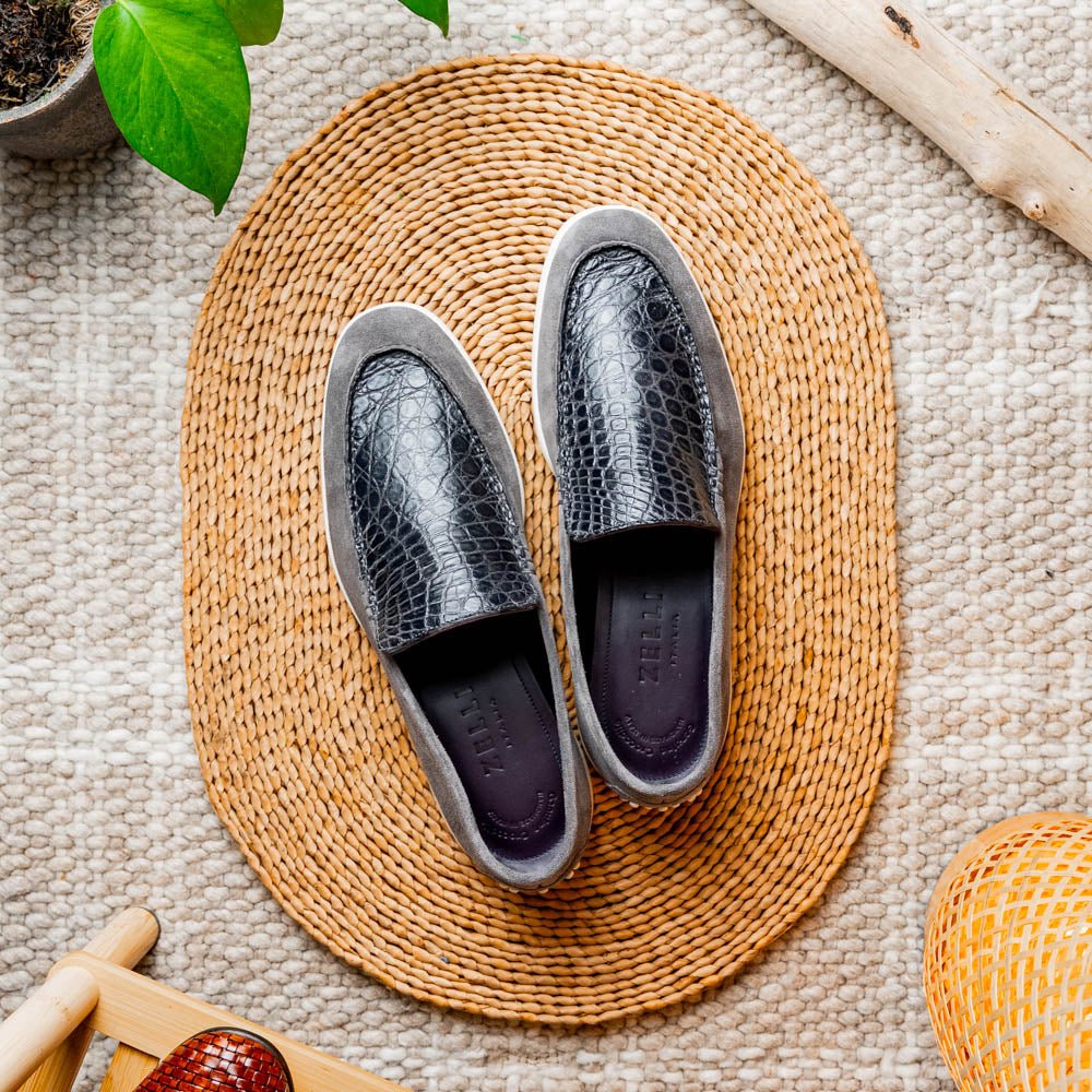 11 - 603 - Gry Bene Sueded Italian Goatskin And Crocodile Loafer Grey Shop by Zelli Italia – Don't Panic Shoes