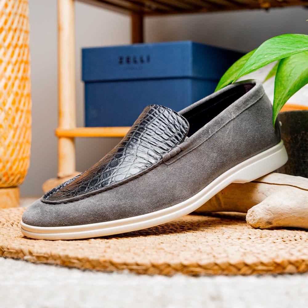 11 - 603 - Gry Bene Sueded Italian Goatskin And Crocodile Loafer Grey Shop by Zelli Italia – Don't Panic Shoes
