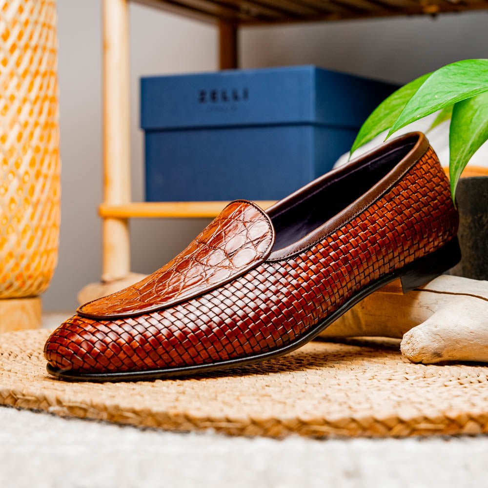 11 - 620 - Cgn Palio Genuine Crocodile And Calfskin Basketweave Slip On, Cognac Shop by Zelli Italia – Don't Panic Shoes