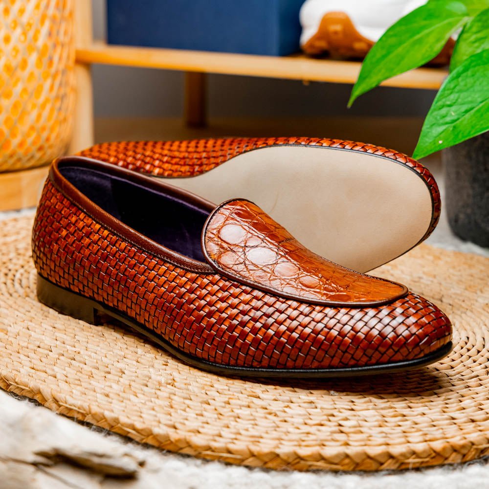 11 - 620 - Cgn Palio Genuine Crocodile And Calfskin Basketweave Slip On, Cognac Shop by Zelli Italia – Don't Panic Shoes
