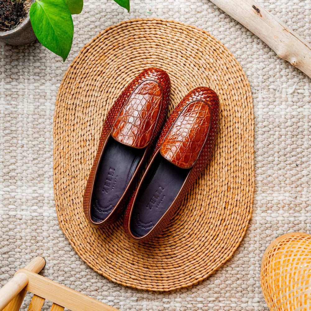 11 - 620 - Cgn Palio Genuine Crocodile And Calfskin Basketweave Slip On, Cognac Shop by Zelli Italia – Don't Panic Shoes