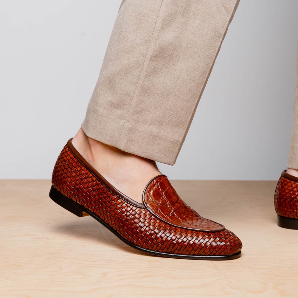 11 - 620 - Cgn Palio Genuine Crocodile And Calfskin Basketweave Slip On, Cognac Shop by Zelli Italia – Don't Panic Shoes