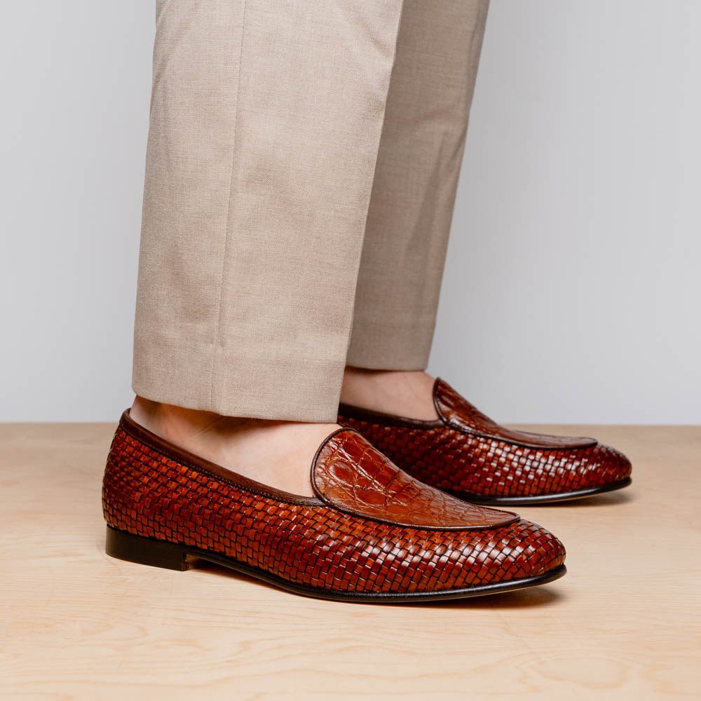 11 - 620 - Cgn Palio Genuine Crocodile And Calfskin Basketweave Slip On, Cognac Shop by Zelli Italia – Don't Panic Shoes