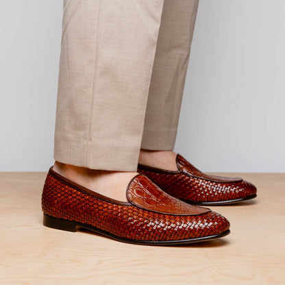 11 - 620 - Cgn Palio Genuine Crocodile And Calfskin Basketweave Slip On, Cognac Shop by Zelli Italia – Don't Panic Shoes