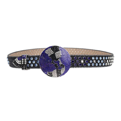 Black Strap Globe Buckle With Purple & Blue Crystal Studded Rhinestone Belt