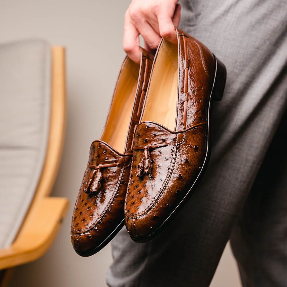 13 - 581 - Brn Franco Ostrich Tassel Loafer, Brown Shop by Zelli Italia – Don't Panic Shoes