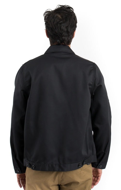 Versatile black jacket featuring classic Eisenhower style