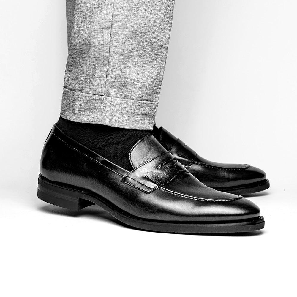 15 - 400 - Blk Roma Hand Burnished Calfskin Penny Loafer Black Shop by Zelli Italia – Don't Panic Shoes