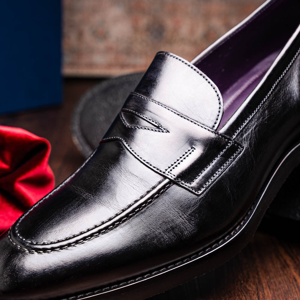 15 - 400 - Blk Roma Hand Burnished Calfskin Penny Loafer Black Shop by Zelli Italia – Don't Panic Shoes