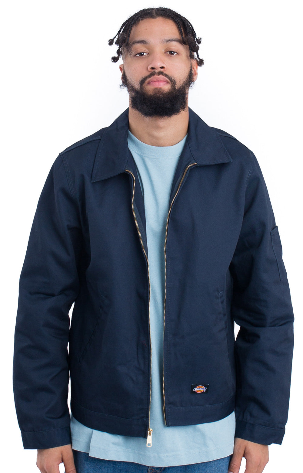 Unlined dark navy Eisenhower jacket with front pockets and button closure