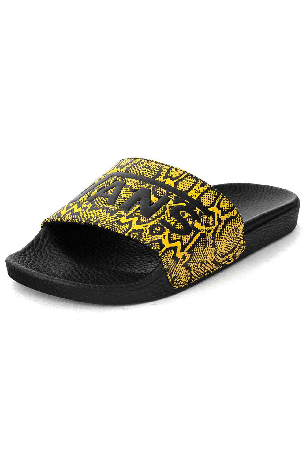 A close-up image of the (4LGXXY) Vans Multi Pythons Slide-On Sandals in vibrant sulphur color, showcasing the textured python pattern and comfortable slide design