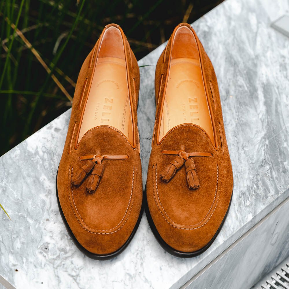 16 - 583 - Tab Franco Suede Calfskin Tassel Loafer, Tobacco Shop by Zelli Italia – Don't Panic Shoes