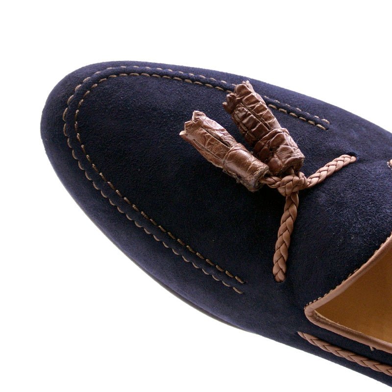 16 - 584 - Nvy Naples Italian Kid Suede With Embossed Crocodile Tassel Loafer, Navy Shop by Zelli Italia – Don't Panic Shoes