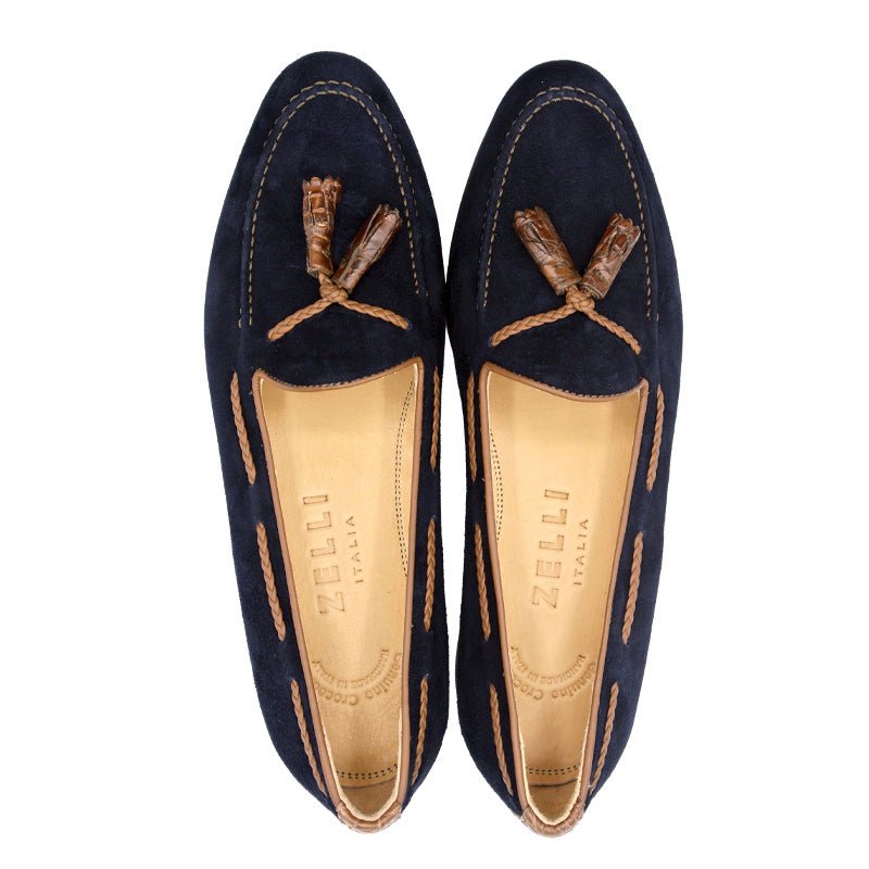 16 - 584 - Nvy Naples Italian Kid Suede With Embossed Crocodile Tassel Loafer, Navy Shop by Zelli Italia – Don't Panic Shoes