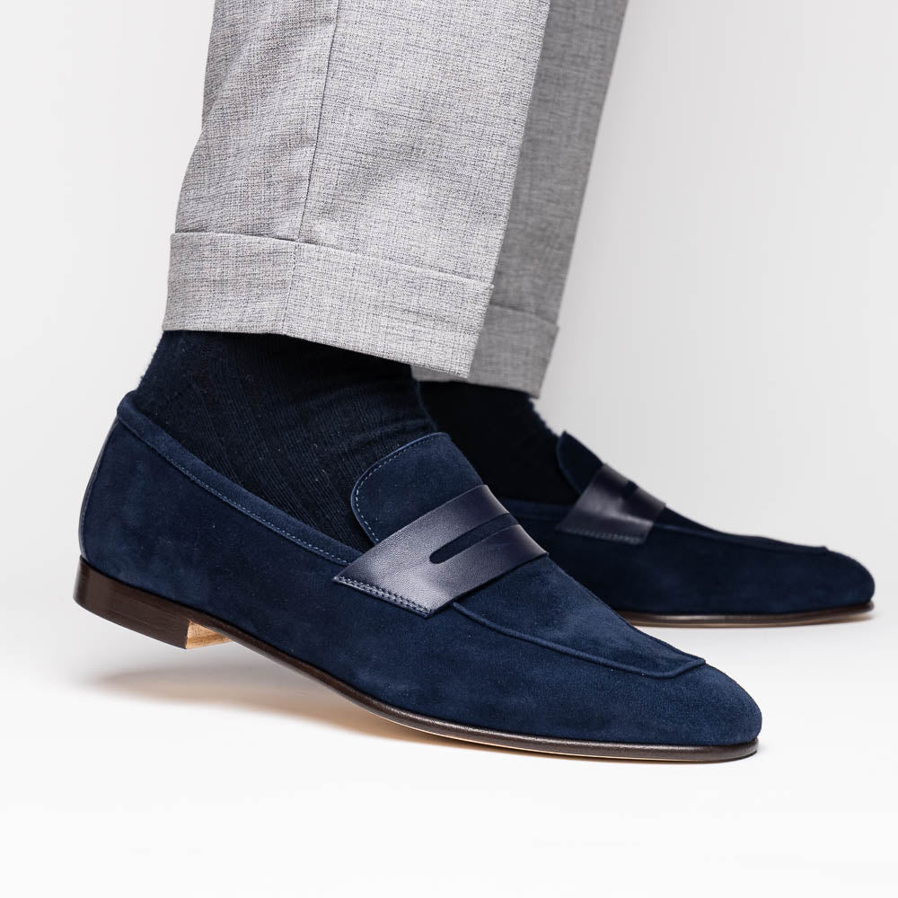 16 - 672 - Nvy Tippa Suede And Calfskin Penny Loafers Navy Shop by Zelli Italia – Don't Panic Shoes