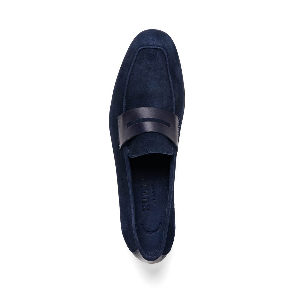 16 - 672 - Nvy Tippa Suede And Calfskin Penny Loafers Navy Shop by Zelli Italia – Don't Panic Shoes