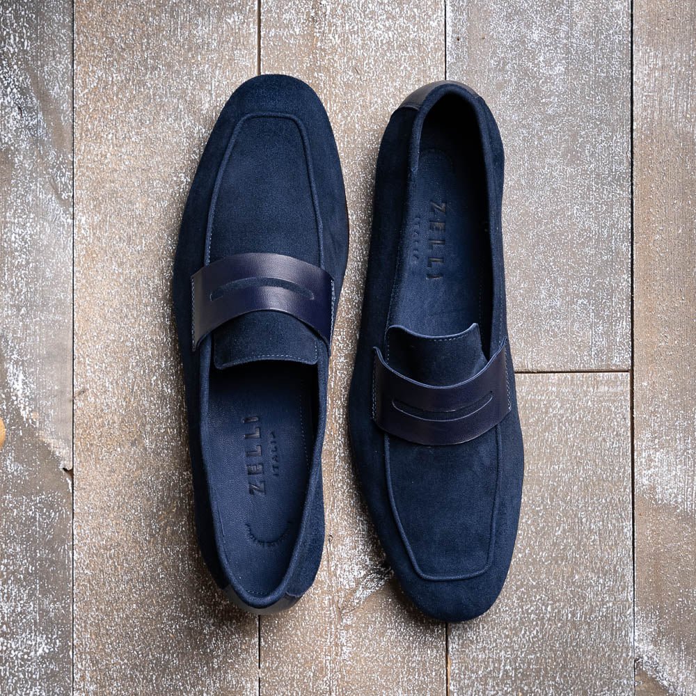 16 - 672 - Nvy Tippa Suede And Calfskin Penny Loafers Navy Shop by Zelli Italia – Don't Panic Shoes
