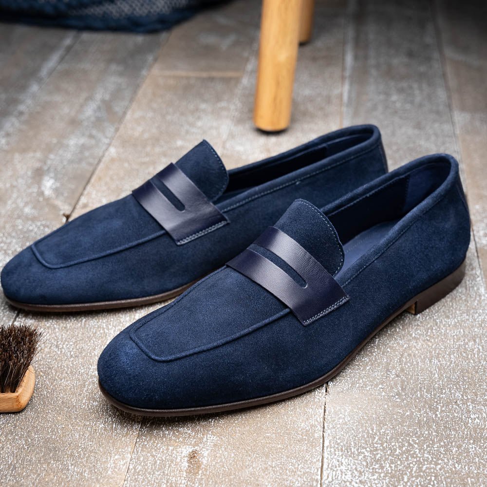 16 - 672 - Nvy Tippa Suede And Calfskin Penny Loafers Navy Shop by Zelli Italia – Don't Panic Shoes