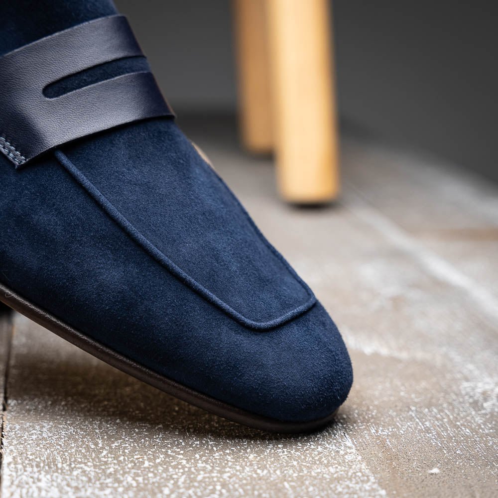 16 - 672 - Nvy Tippa Suede And Calfskin Penny Loafers Navy Shop by Zelli Italia – Don't Panic Shoes