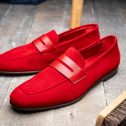 16 - 672 - Red Tippa Suede And Calfskin Penny Loafers Red Shop by Zelli Italia – Don't Panic Shoes