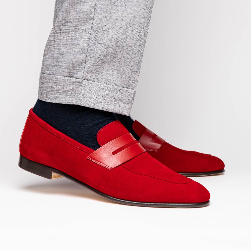 16 - 672 - Red Tippa Suede And Calfskin Penny Loafers Red Shop by Zelli Italia – Don't Panic Shoes