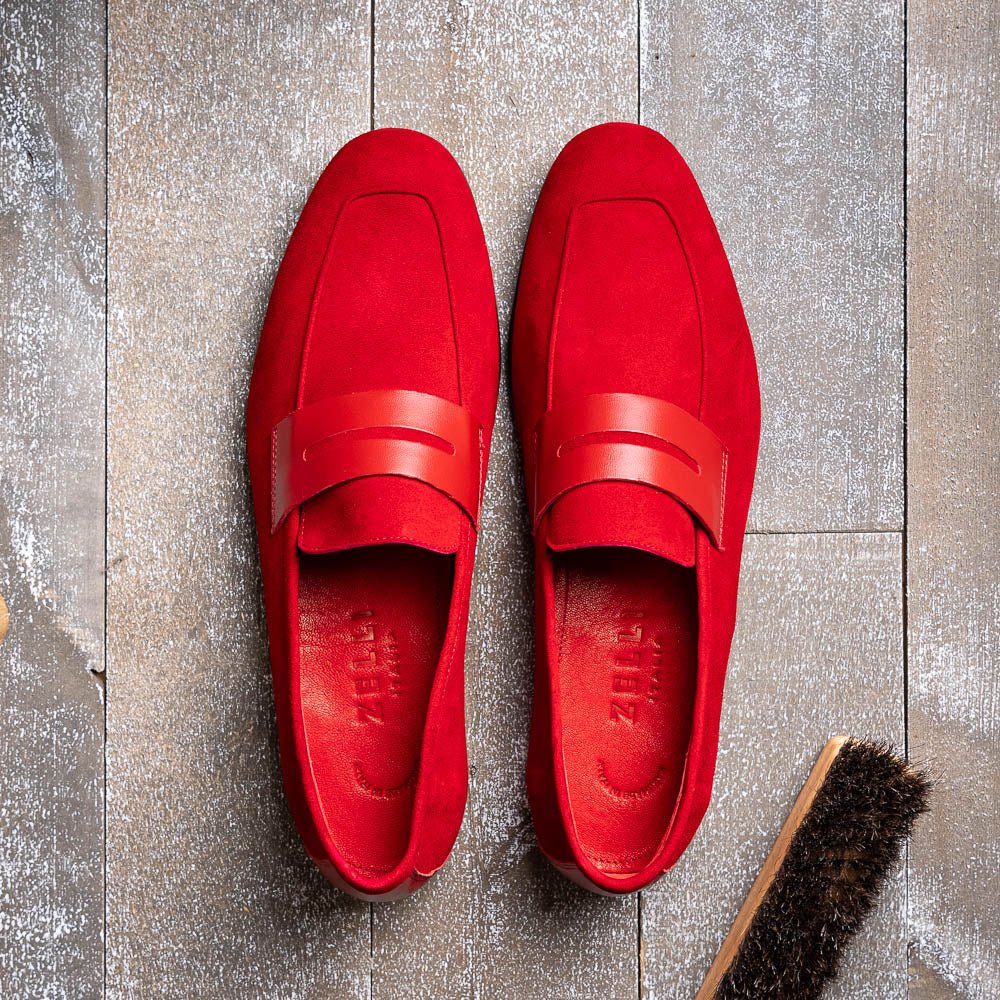 16 - 672 - Red Tippa Suede And Calfskin Penny Loafers Red Shop by Zelli Italia – Don't Panic Shoes