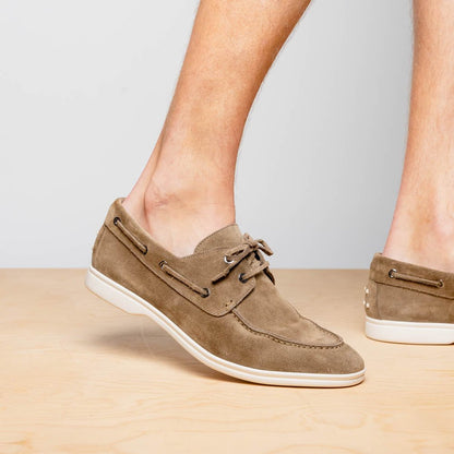 16 - 675 - Tpe Venice Italian Sueded Goatskin Boat Shoes, Taupe Shop by Zelli Italia – Don't Panic Shoes