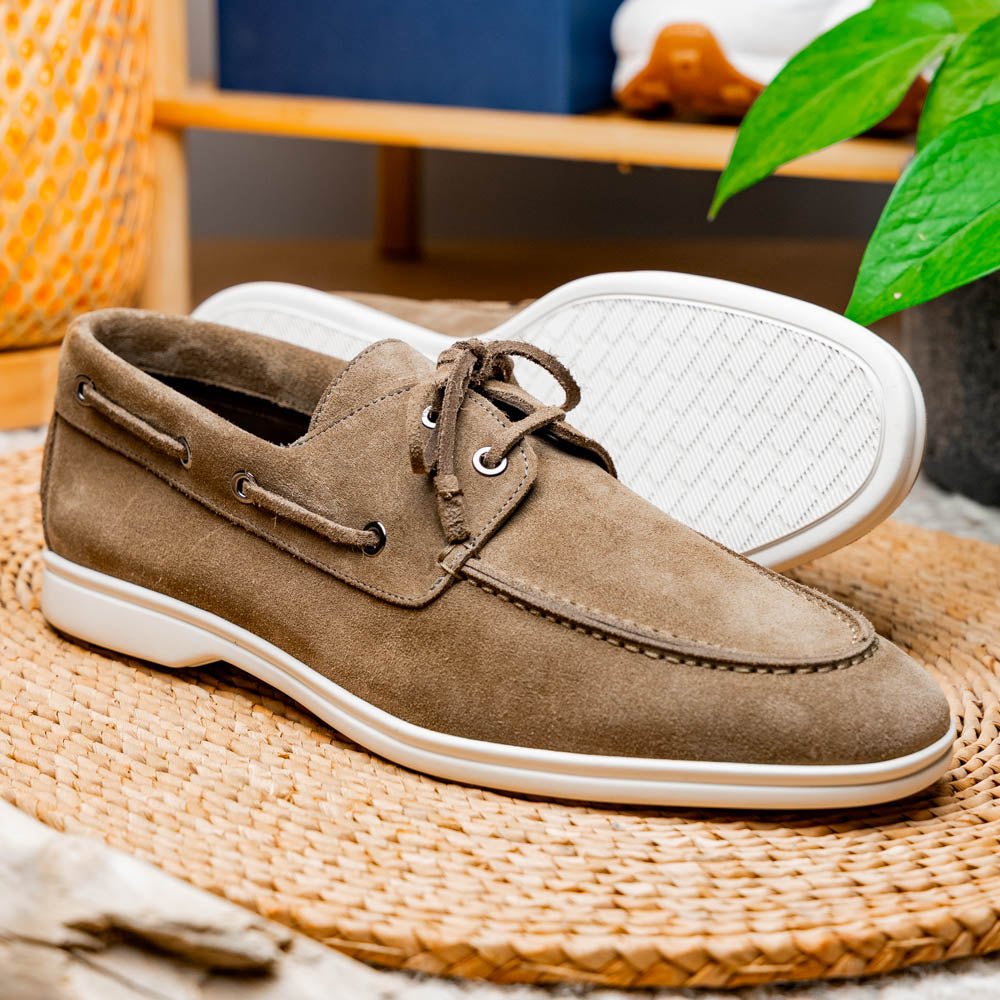16 - 675 - Tpe Venice Italian Sueded Goatskin Boat Shoes, Taupe Shop by Zelli Italia – Don't Panic Shoes