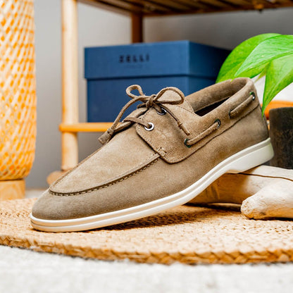 16 - 675 - Tpe Venice Italian Sueded Goatskin Boat Shoes, Taupe Shop by Zelli Italia – Don't Panic Shoes