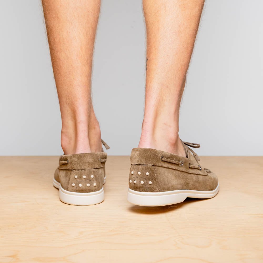 16 - 675 - Tpe Venice Italian Sueded Goatskin Boat Shoes, Taupe Shop by Zelli Italia – Don't Panic Shoes