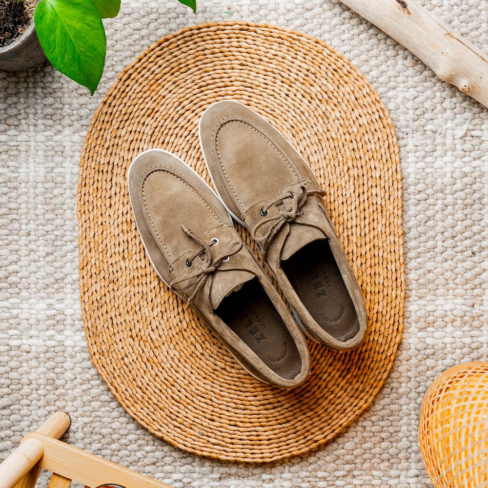 16 - 675 - Tpe Venice Italian Sueded Goatskin Boat Shoes, Taupe Shop by Zelli Italia – Don't Panic Shoes