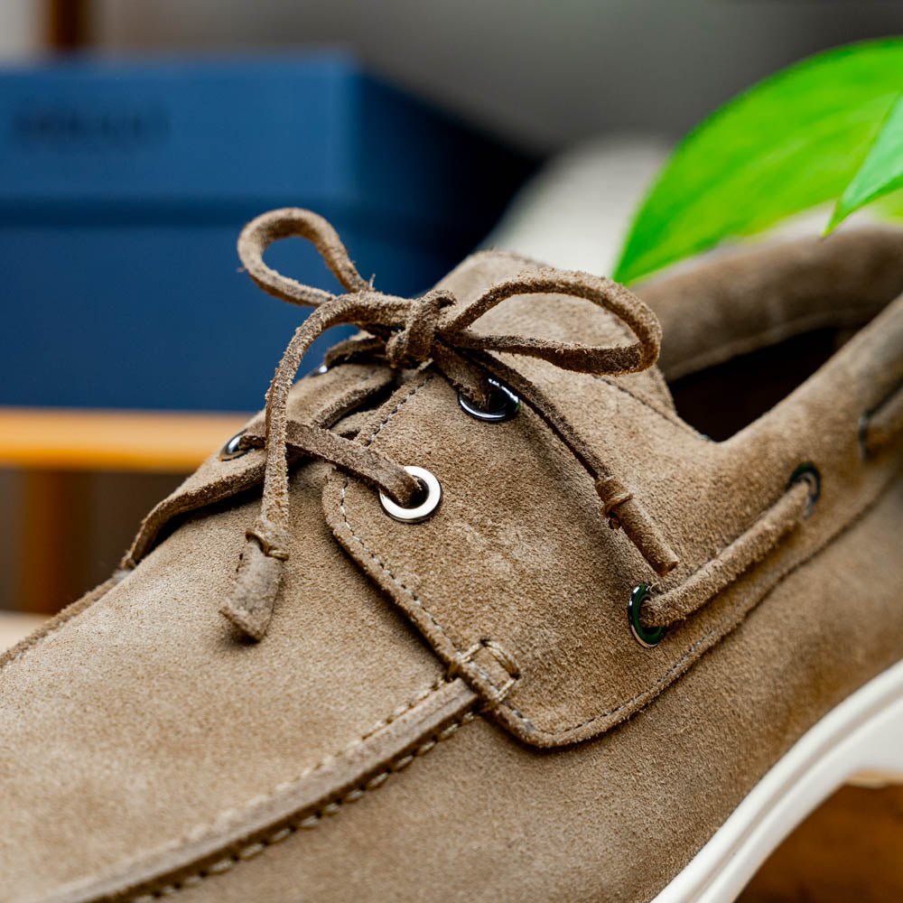 16 - 675 - Tpe Venice Italian Sueded Goatskin Boat Shoes, Taupe Shop by Zelli Italia – Don't Panic Shoes