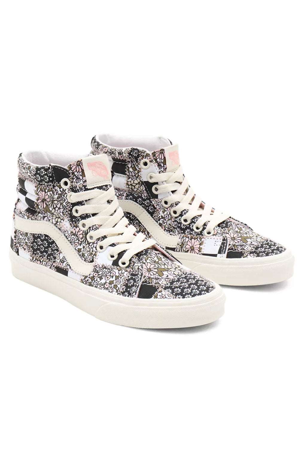 High-top sneakers with colorful patchwork floral pattern and white sole