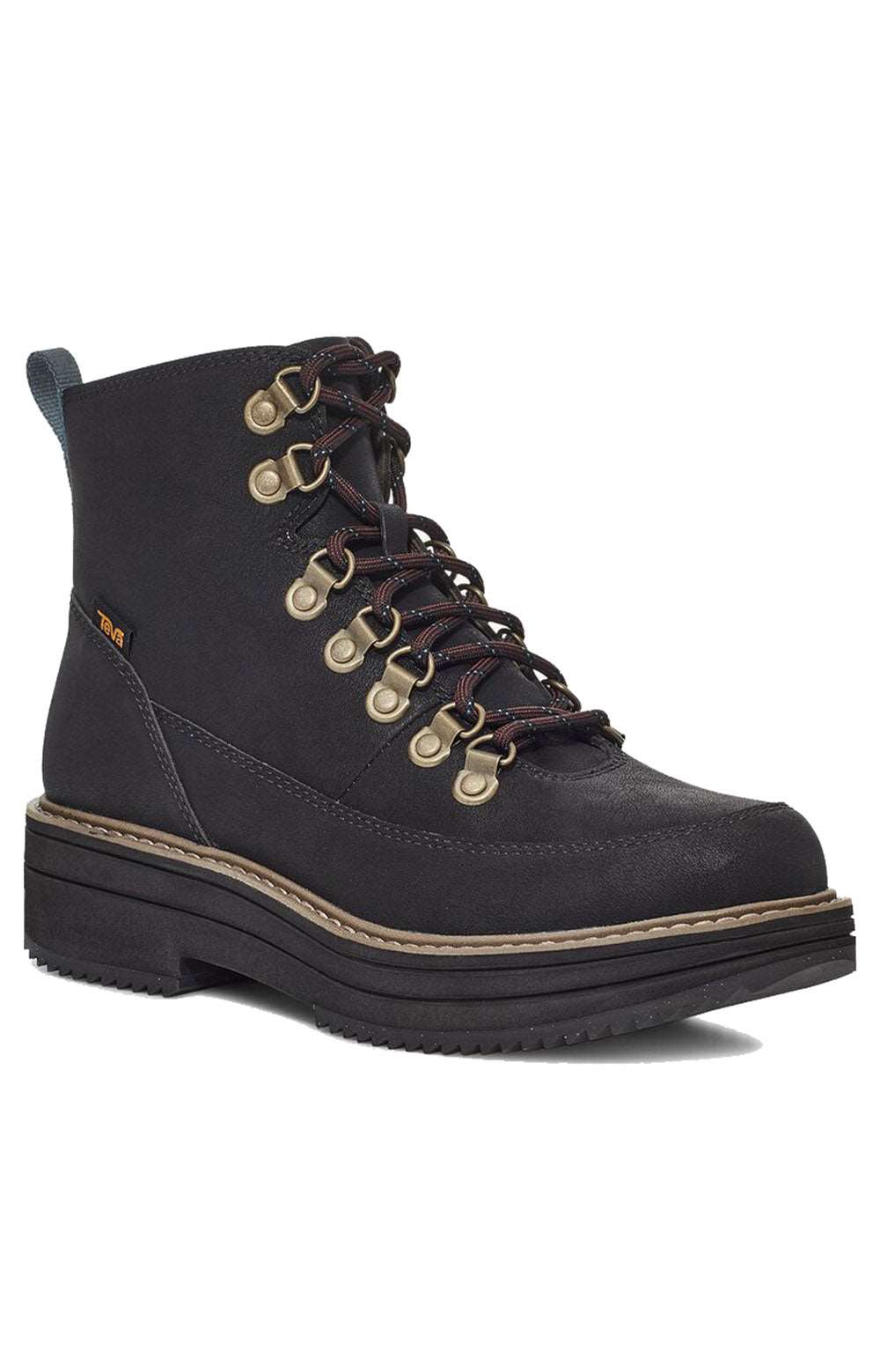  Front view of black midform boots with lace-up design 