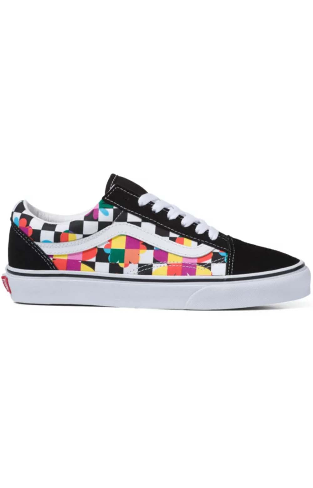 Floral Checkerboard Old Skool Shoes in Black and True White, side view