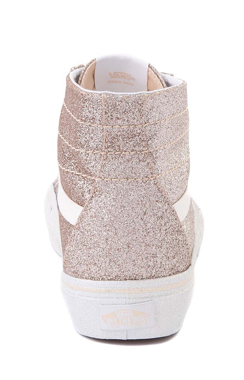 Close-up of (U16B7A) Glitter Sk8-Hii Tapered Shoes in Macadamia, showcasing the glittery texture and tapered silhouette