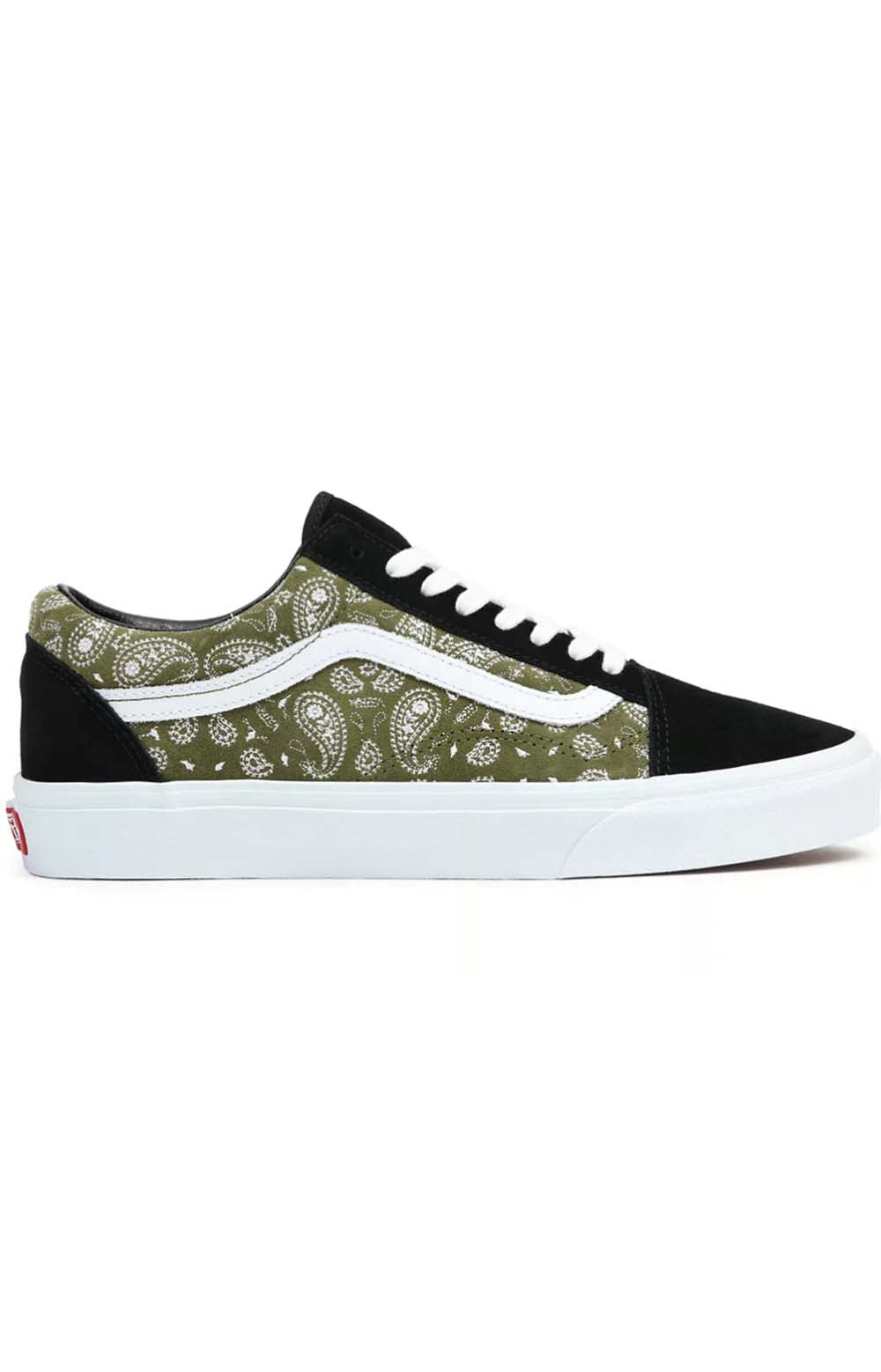 Paisley Suede Old Skool Shoes in Black and Olive with white laces and rubber sole