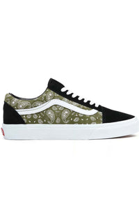 Thumbnail for Paisley Suede Old Skool Shoes in Black and Olive with white laces and rubber sole