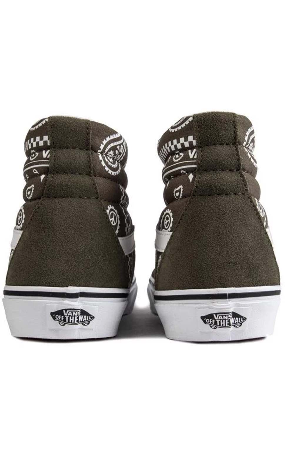 Stylish and unique (JMJB0F) Peace Paisley Sk8-Hi Shoes featuring a grape leaf color and paisley design