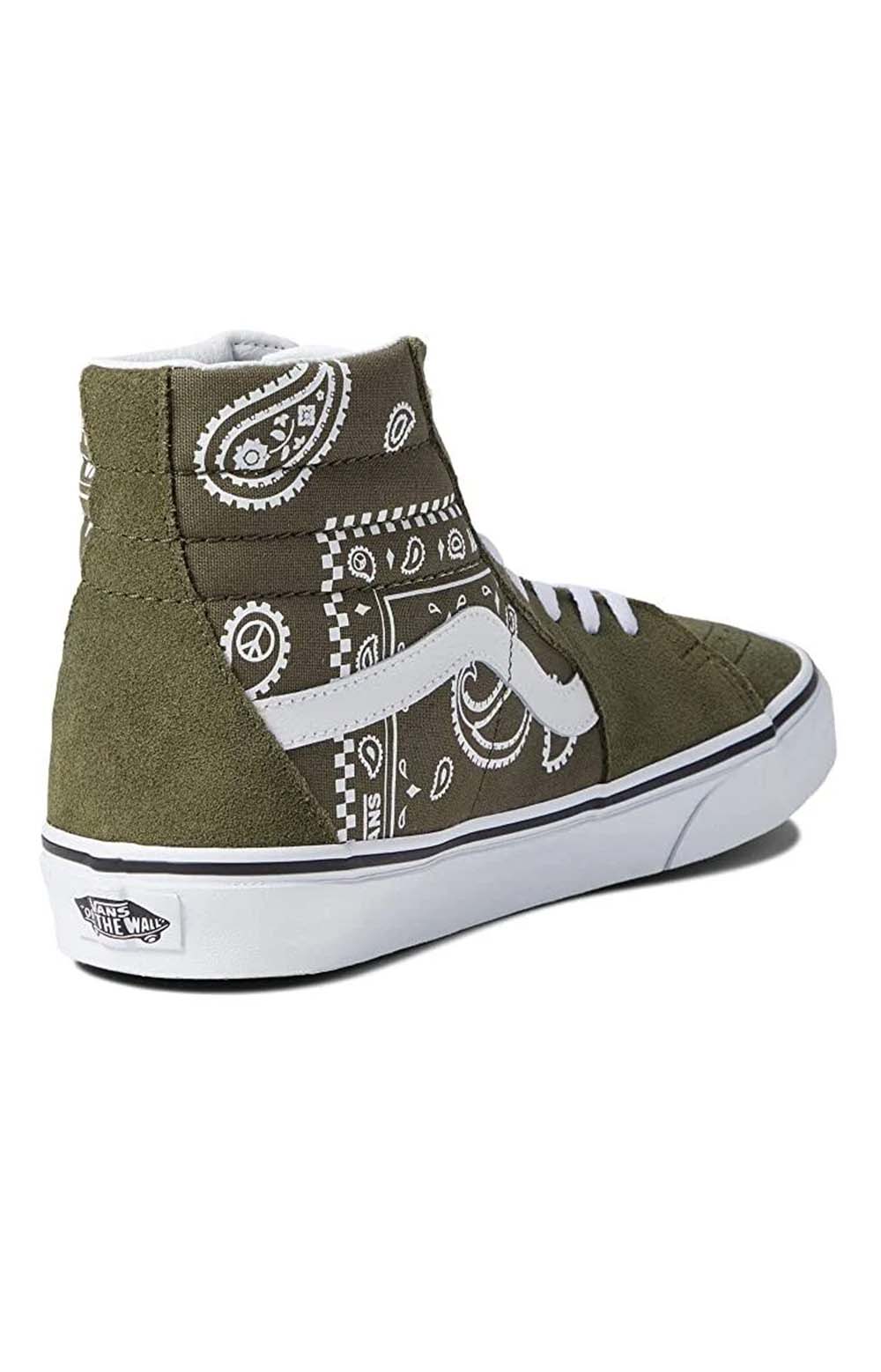 Fashionable and trendy high-top sneakers in grape leaf color with intricate paisley print