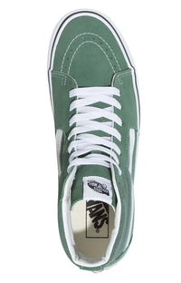 Thumbnail for Close-up of (Q5NYQW) Color Theory Sk8-Hi Shoes in Duck Green, showcasing the textured canvas material and signature Vans stripe in contrasting color