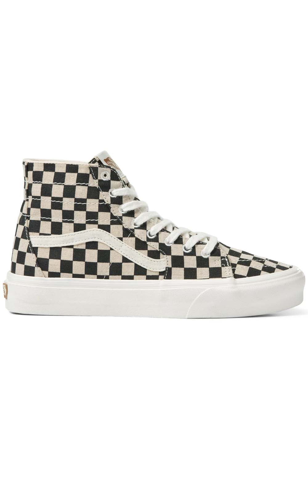 Eco-friendly high top sneakers in black and white checkerboard pattern