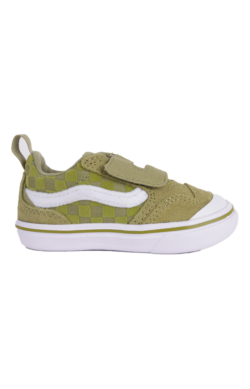 (TZHOLV) ComfyCush New Skool V Shoes in Safe Space Olive, front view with laces