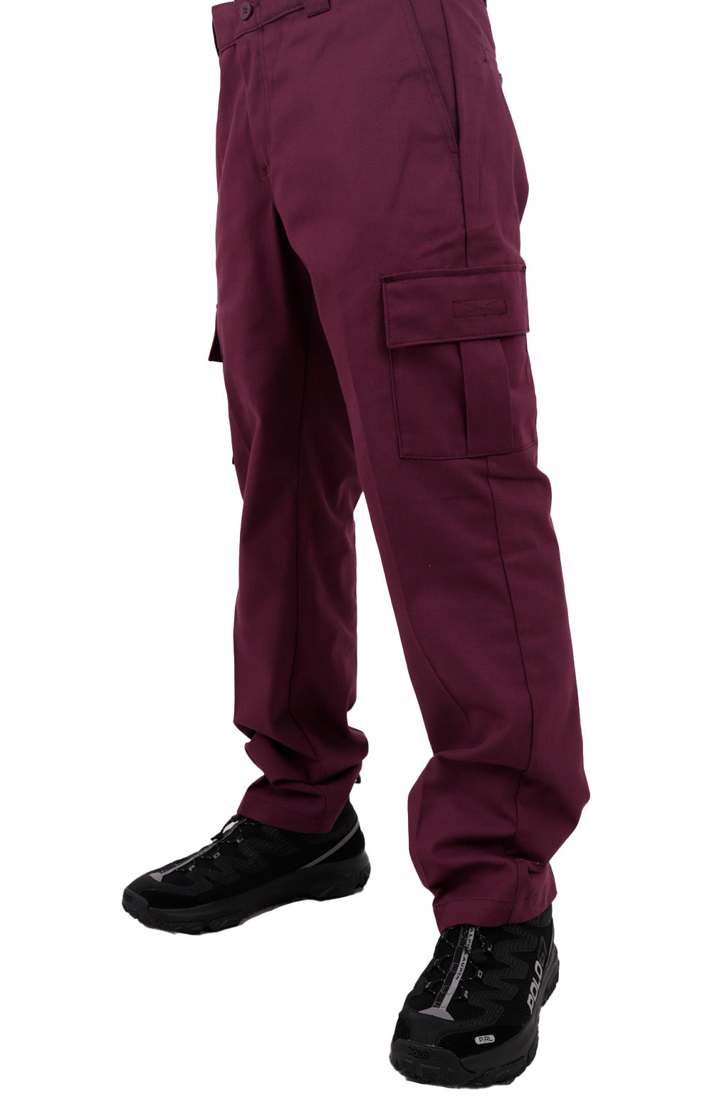 Stylish and functional cargo pants in deep wine color with contrast stitching