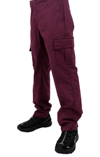 Thumbnail for Stylish and functional cargo pants in deep wine color with contrast stitching