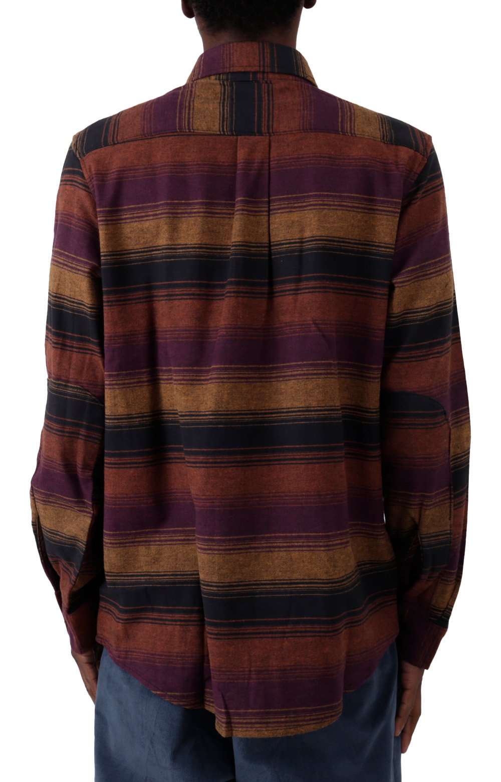 Long-sleeve wine-colored flannel shirt with blanket stripe pattern