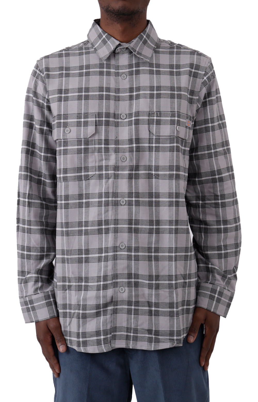 (WL657UPR) Flex Regular Flannel Shirt in Ultimate Grey Plaid - Front view, showing button-up design and classic collar detail